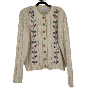 Melbourne Country Vintage Floral‎ Embroidered Cable Knit Cardigan Cream Medium